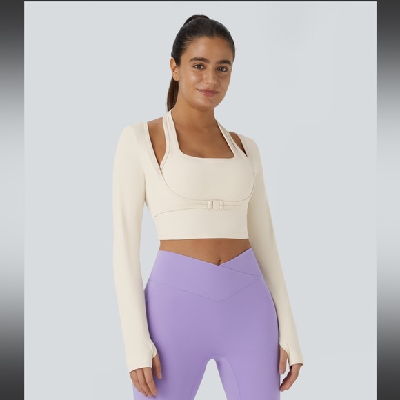 HALARA Tops - Halara SoftlyZero Plush Halter Thumb Hole Long Sleeve Cropped 2-in-1  Sports Top